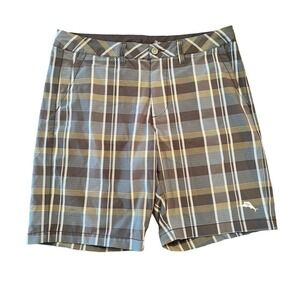 EUC Mens TOMMY BAHAMA Brown Green Plaid Chino Shorts Size 34
